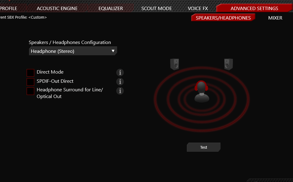 Sound BlasterX G5 Advanced Settings — Headphone Stereo 설정